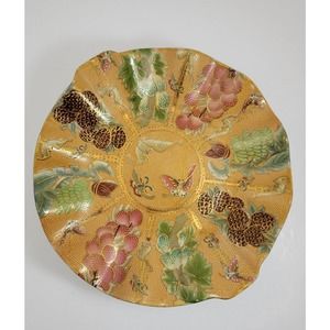 Asian Chinese Rose & Fruit Medallion Heavy Porcelain Scalloped Edge Plate 10''D.